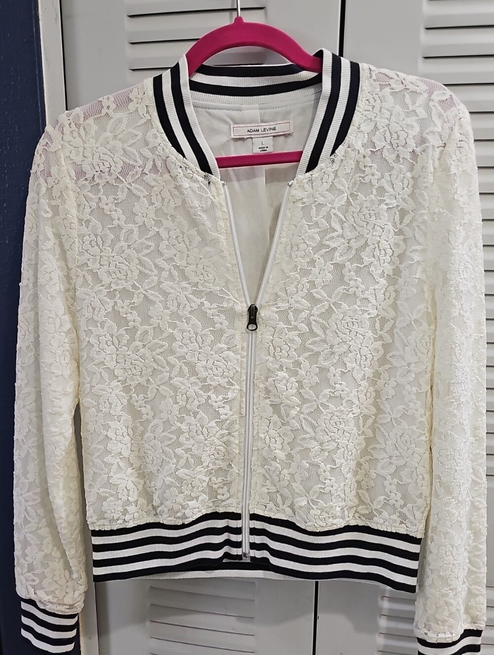 Adam Levine Collection White Lace Varsity Bomber Jacket with Black Trim
